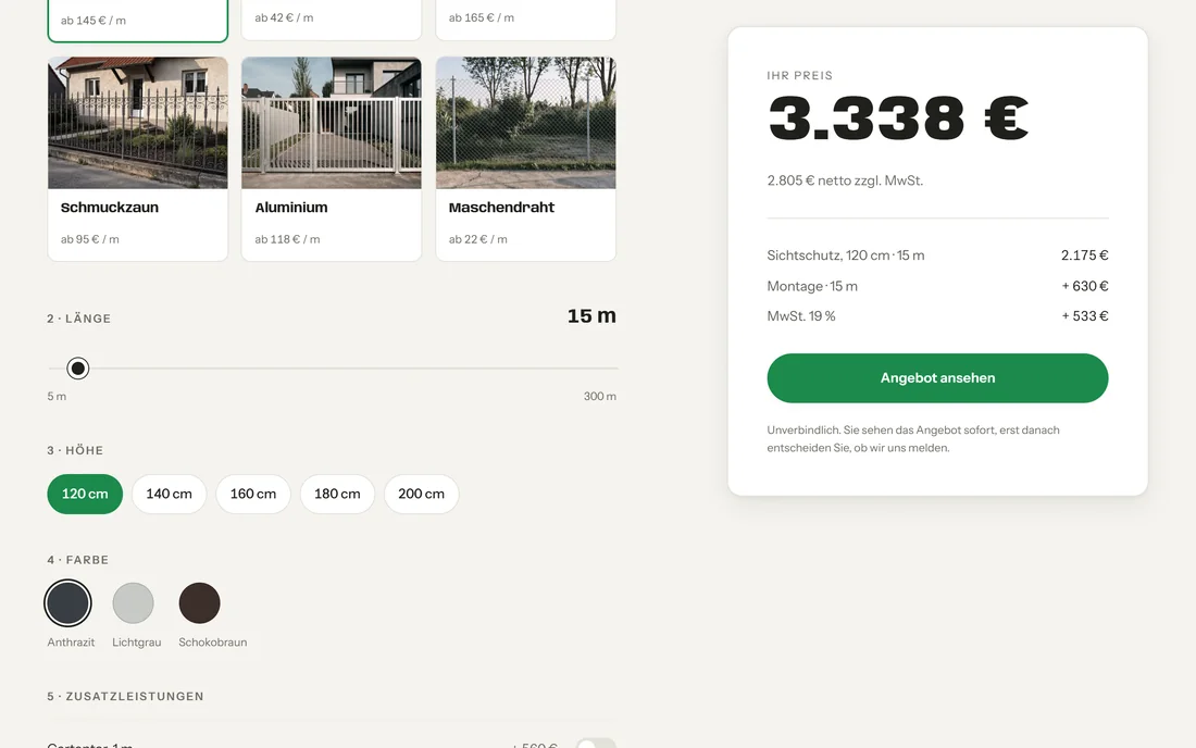 Musterseite: Konfigurator mit Live-Preis