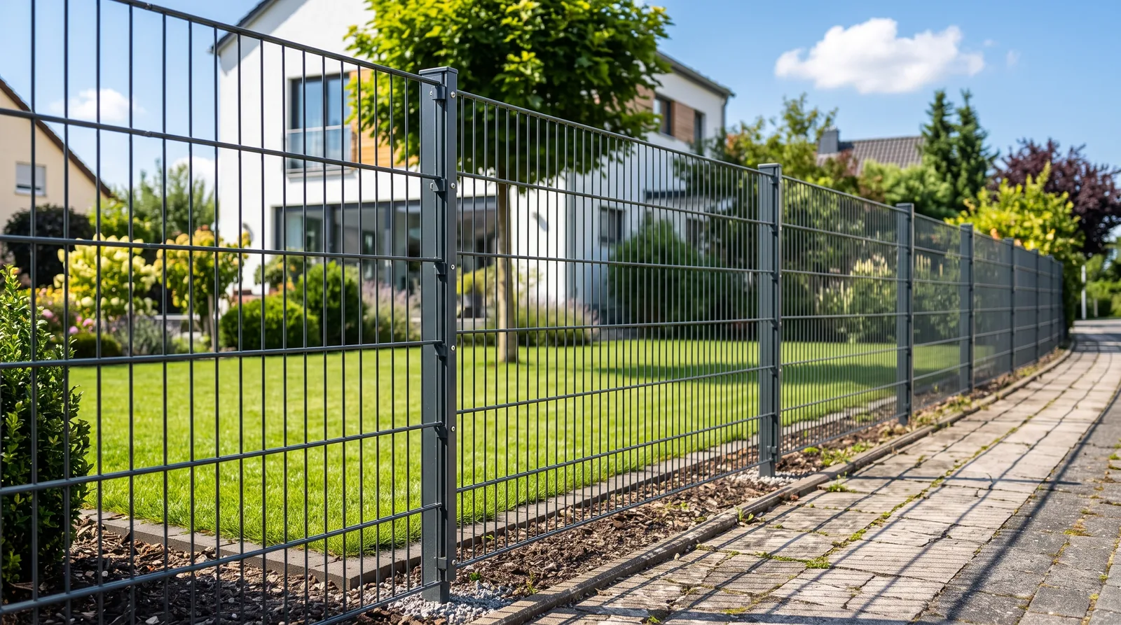 Doppelstabmattenzaun in Anthrazit an einem modernen Wohnhaus