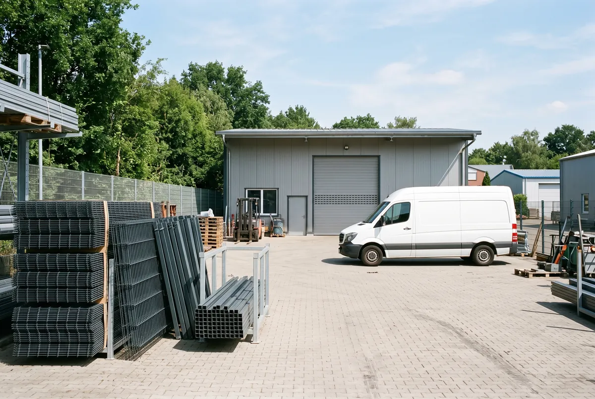 Betriebshof von Musterzaun mit Lager und Werkstatt